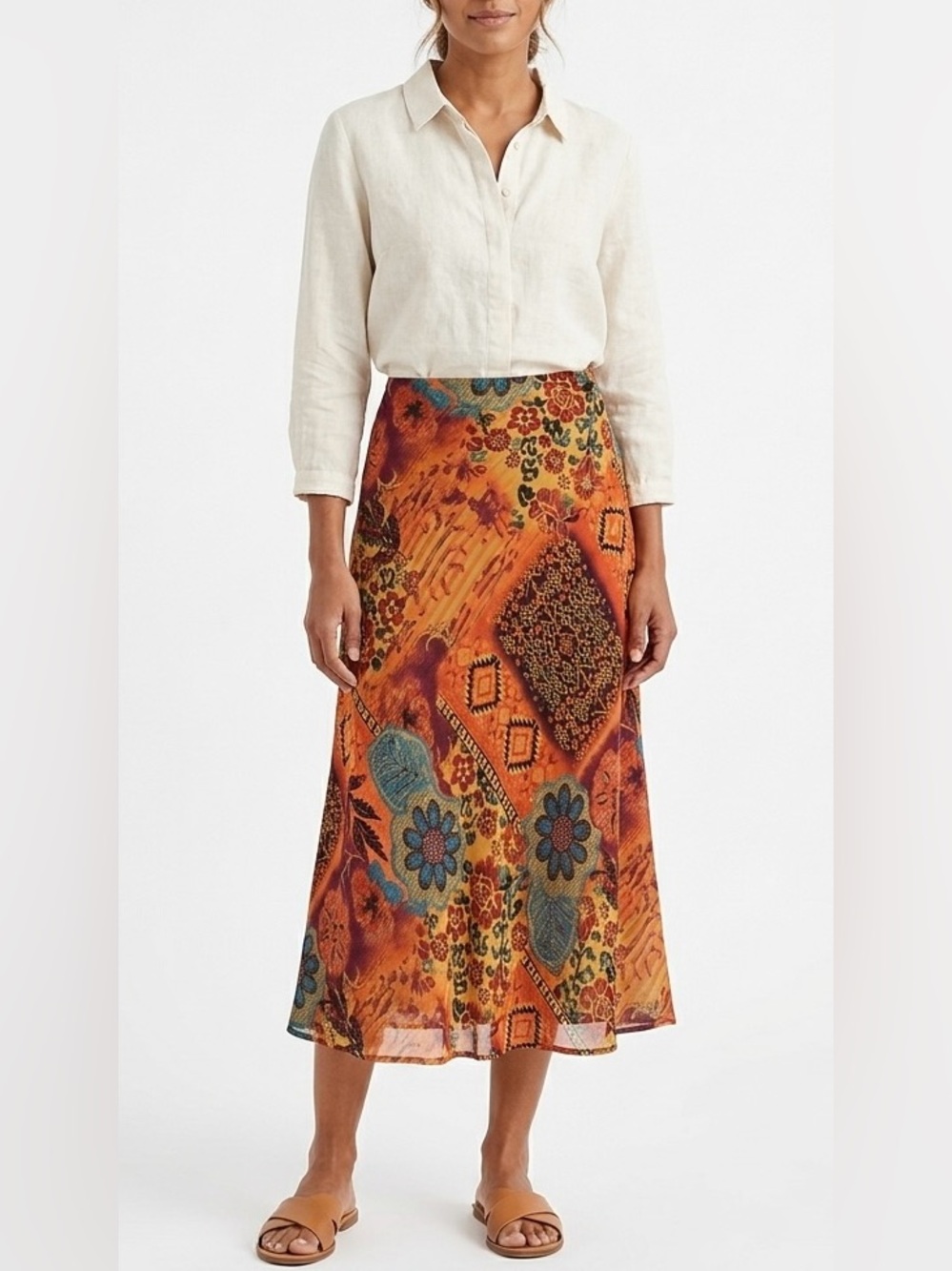 Coldwater Creek Orange Floral Patchwork Midi Skirt